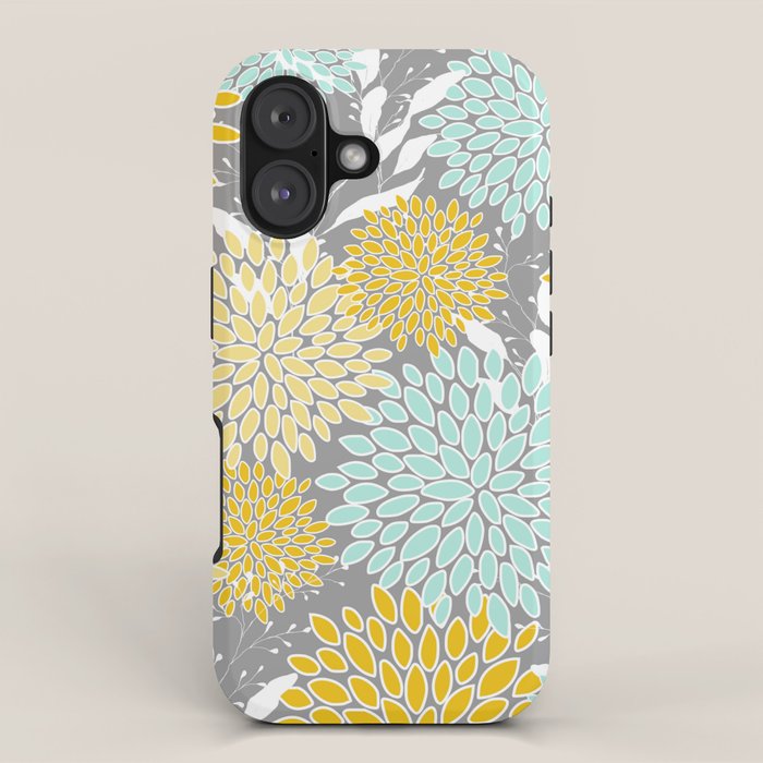 Floral Prints and Leaves, Gray, Yellow and Aqua iPhone Case Gallery Image 1
