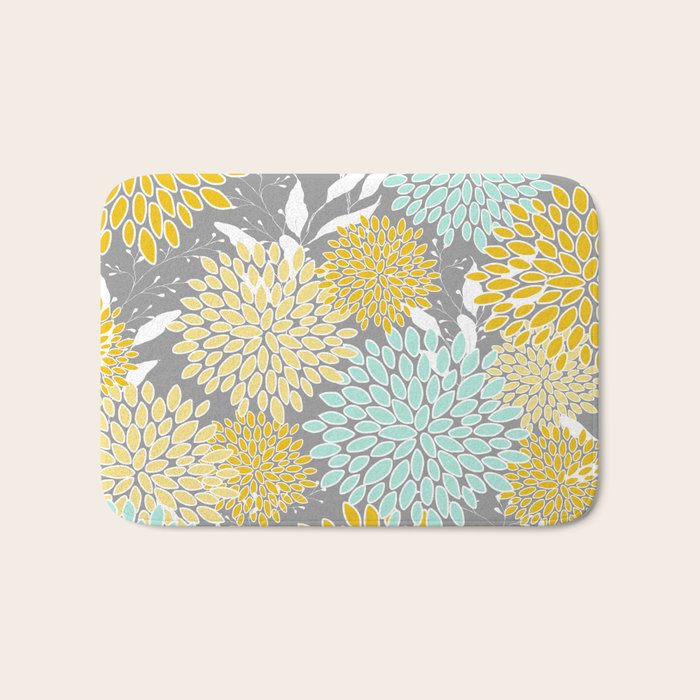 Floral Prints and Leaves, Gray, Yellow and Aqua Bath Mat Gallery Image 1