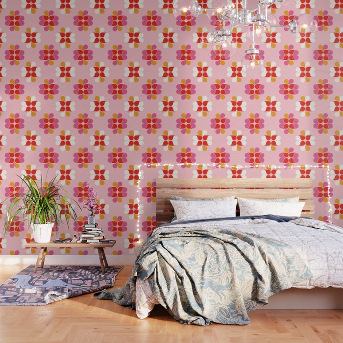 Retro Floral Pattern in Pink, Red, and Orange Wallpaper Gallery Image 3