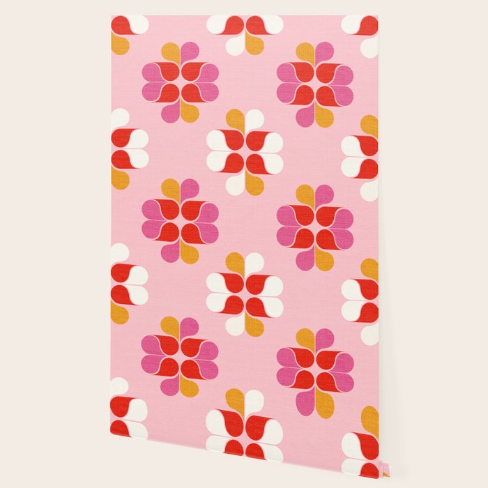 Retro Floral Pattern in Pink, Red, and Orange Wallpaper Gallery Image 2