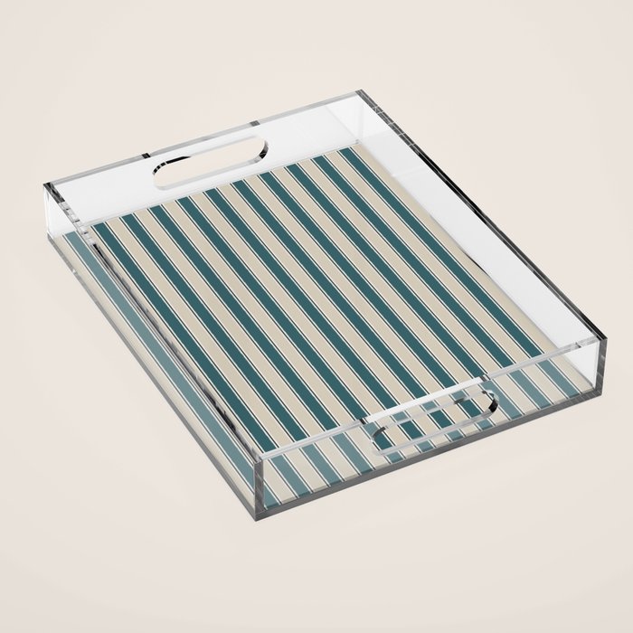 Cottage Stripes Vertical Pattern in Teal Beige Charcoal Acrylic Tray Gallery Image 1