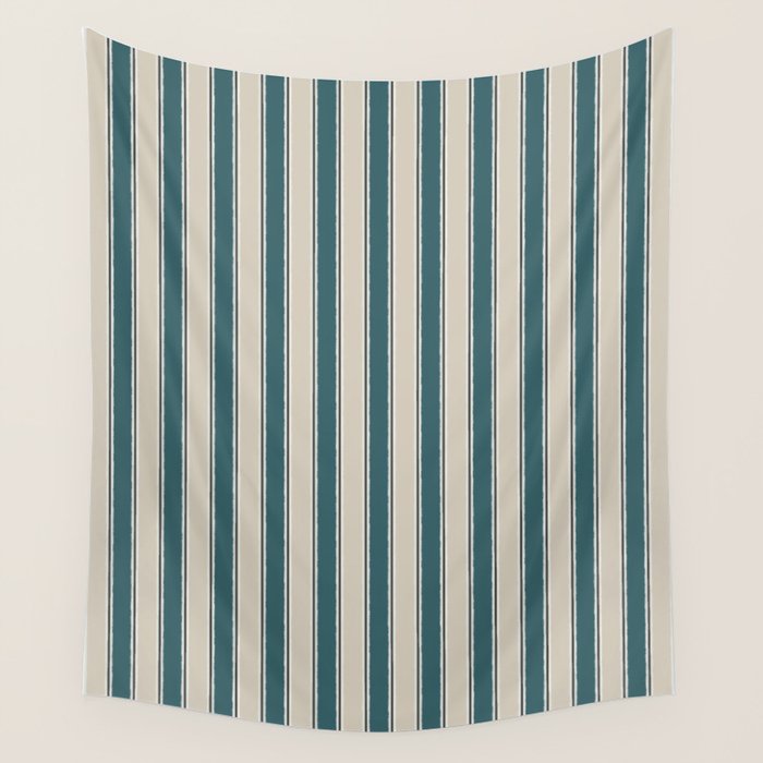 Cottage Stripes Vertical Pattern in Teal Beige Charcoal Wall Tapestry Gallery Image 1