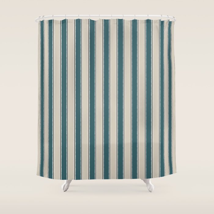 Cottage Stripes Vertical Pattern in Teal Beige Charcoal Shower Curtain Gallery Image 1