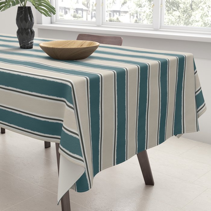 Cottage Stripes Vertical Pattern in Teal Beige Charcoal Tablecloth Gallery Image 3