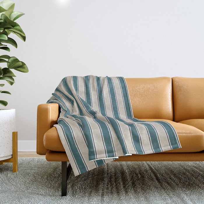 Cottage Stripes Vertical Pattern in Teal Beige Charcoal Throw Blanket Gallery Image 1