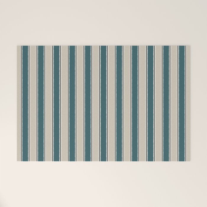 Cottage Stripes Vertical Pattern in Teal Beige Charcoal Welcome Mat Gallery Image 1