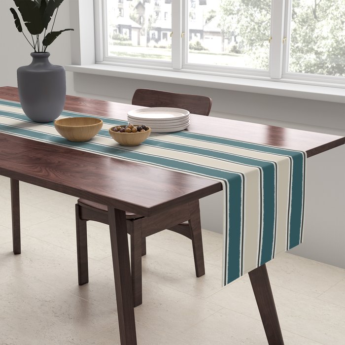 Cottage Stripes Vertical Pattern in Teal Beige Charcoal Table Runner Gallery Image 2
