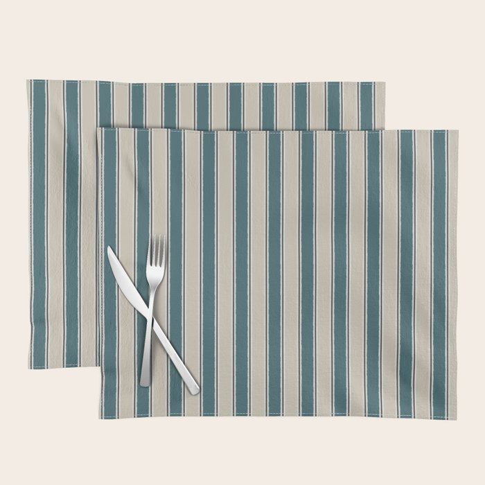 Cottage Stripes Vertical Pattern in Teal Beige Charcoal Placemat Gallery Image 1