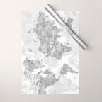 Grayscale watercolor world map with cities Wrapping Paper Gallery Image 1