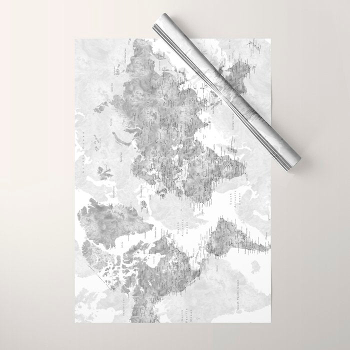 Grayscale watercolor world map with cities Wrapping Paper Gallery Image 1