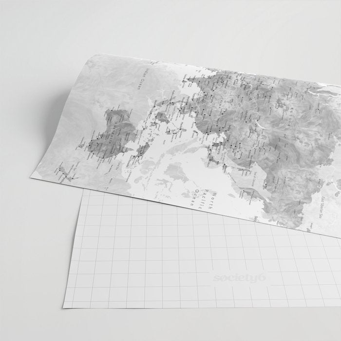 Grayscale watercolor world map with cities Wrapping Paper Gallery Image 2