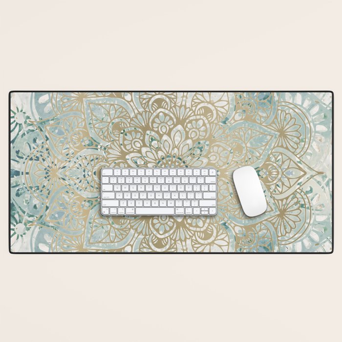 Yoga, Mandala, Teal and Gold, Wall Art Boho Desk Mat Gallery Image 1