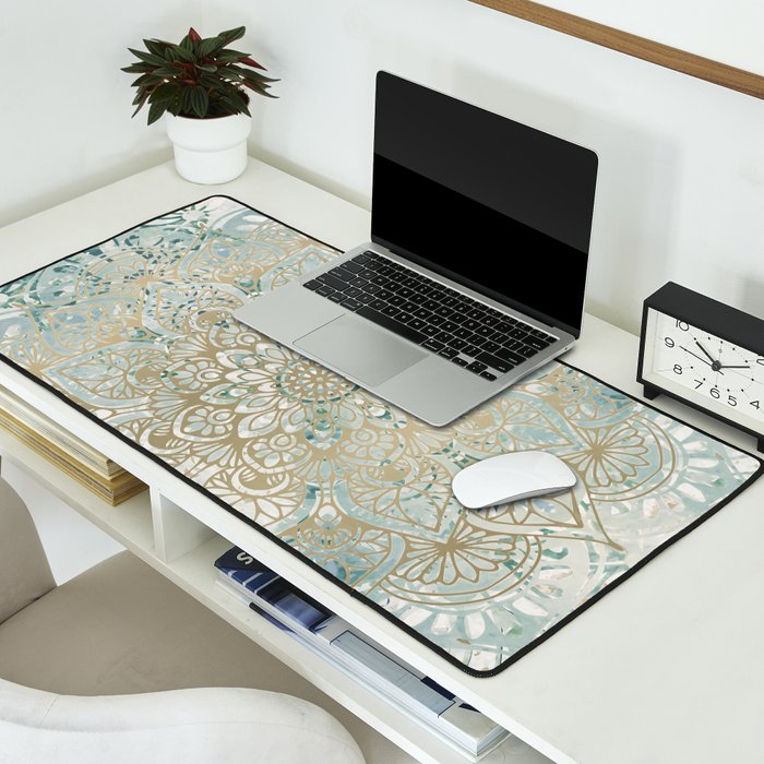 Yoga, Mandala, Teal and Gold, Wall Art Boho Desk Mat Gallery Image 2