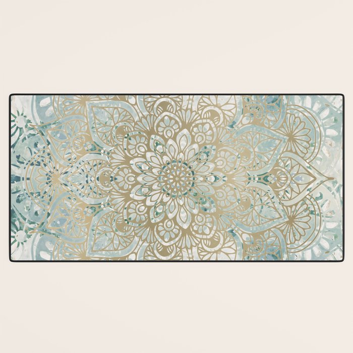 Yoga, Mandala, Teal and Gold, Wall Art Boho Desk Mat Gallery Image 3