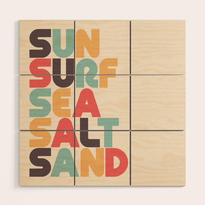 Sun Surf Sea Salt Sand Typography - Retro Rainbow Wood Wall Art Gallery Image 1
