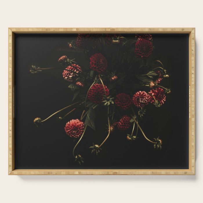 Flower Photography - Red Flowers - Dahlias - Elegant Dark Dramatic Floral print Serving Tray Gallery Image 1