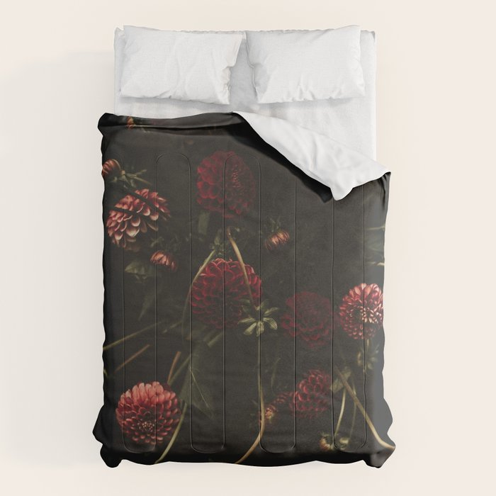Flower Photography - Red Flowers - Dahlias - Elegant Dark Dramatic Floral print Comforter Gallery Image 6