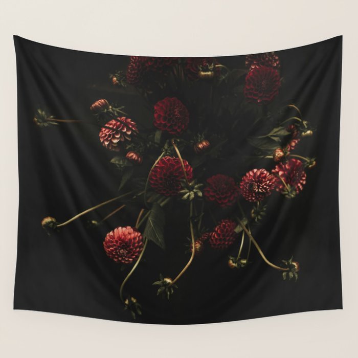 Flower Photography - Red Flowers - Dahlias - Elegant Dark Dramatic Floral print Wall Tapestry Gallery Image 4