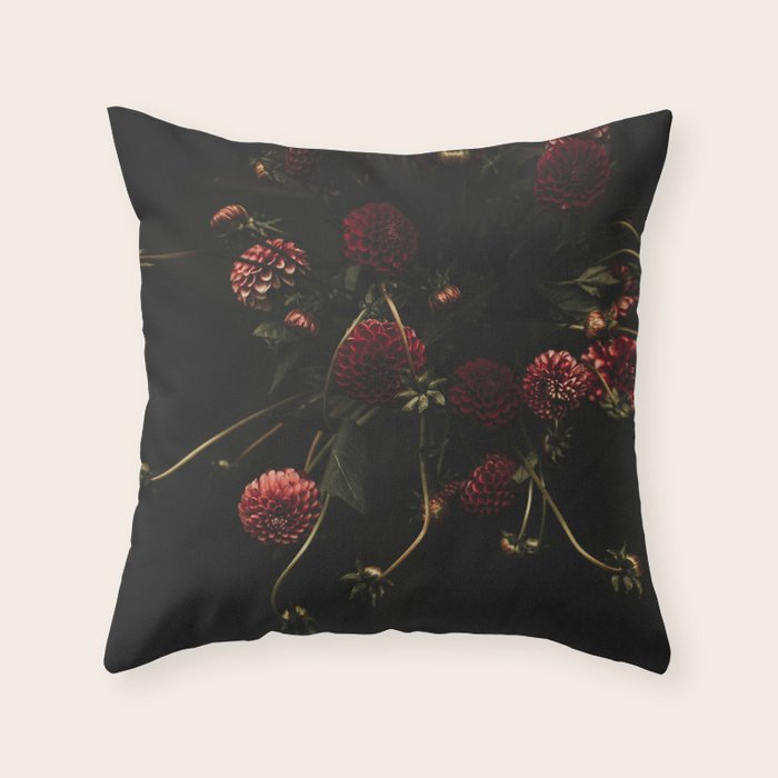 Flower Photography - Red Flowers - Dahlias - Elegant Dark Dramatic Floral print Throw Pillow Gallery Image 1