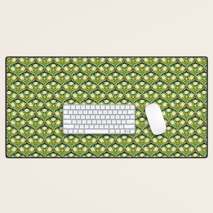 Art Nouveau Pattern 2 Cream Yellow Ochre Sage Green On Dark Blue Desk Mat Gallery Image 1