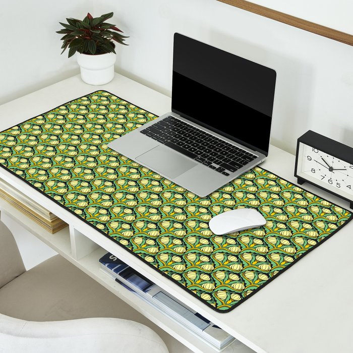 Art Nouveau Pattern 2 Cream Yellow Ochre Sage Green On Dark Blue Desk Mat Gallery Image 2