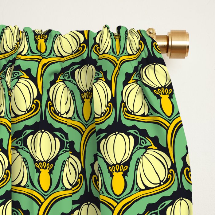 Art Nouveau Pattern 2 Cream Yellow Ochre Sage Green On Dark Blue Window Curtain Gallery Image 2