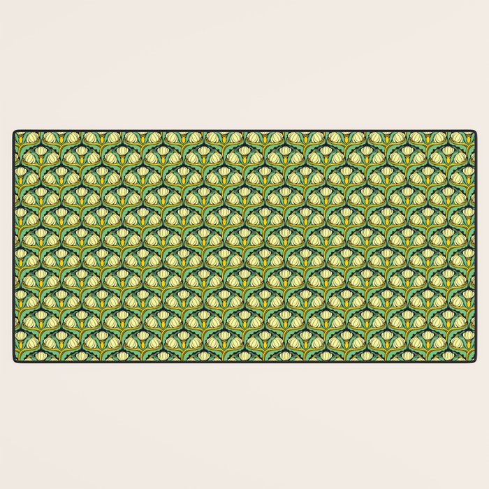 Art Nouveau Pattern 2 Cream Yellow Ochre Sage Green On Dark Blue Desk Mat Gallery Image 3