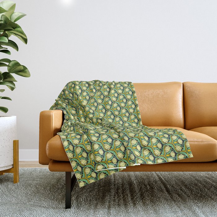Art Nouveau Pattern 2 Cream Yellow Ochre Sage Green On Dark Blue Throw Blanket Gallery Image 1