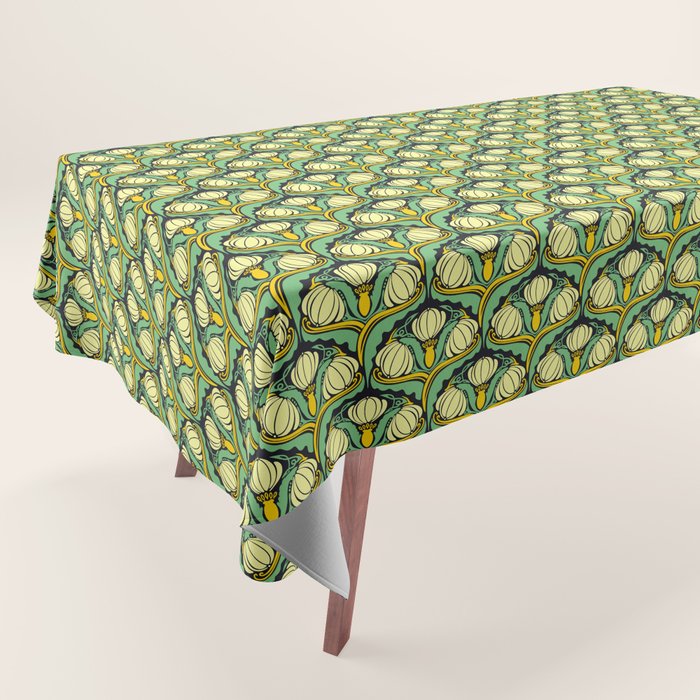 Art Nouveau Pattern 2 Cream Yellow Ochre Sage Green On Dark Blue Tablecloth Gallery Image 1