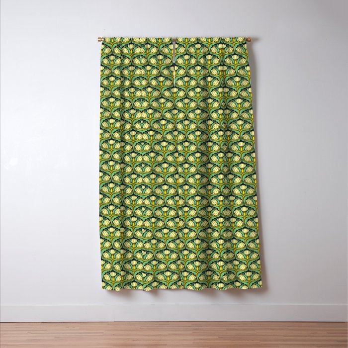 Art Nouveau Pattern 2 Cream Yellow Ochre Sage Green On Dark Blue Window Curtain Gallery Image 3