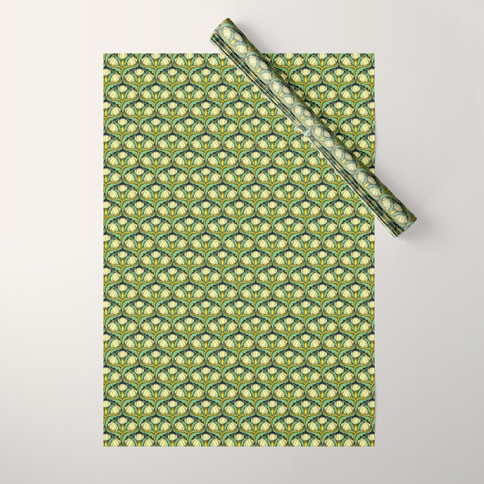 Art Nouveau Pattern 2 Cream Yellow Ochre Sage Green On Dark Blue Wrapping Paper Gallery Image 1