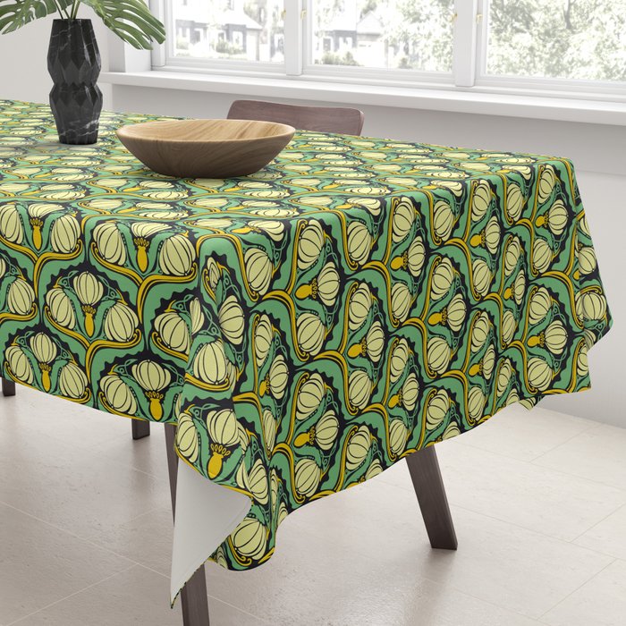 Art Nouveau Pattern 2 Cream Yellow Ochre Sage Green On Dark Blue Tablecloth Gallery Image 3