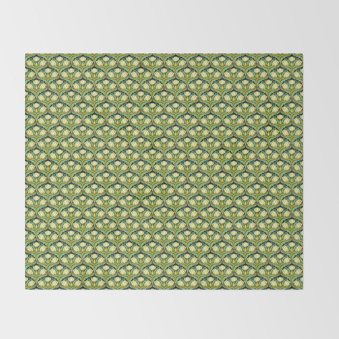 Art Nouveau Pattern 2 Cream Yellow Ochre Sage Green On Dark Blue Throw Blanket Gallery Image 2