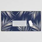 White Gold Palm Leaves on Navy Blue Desk Mat Gallery Image 1