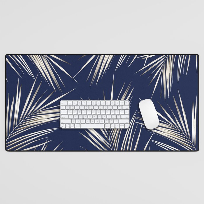 White Gold Palm Leaves on Navy Blue Desk Mat Gallery Image 1