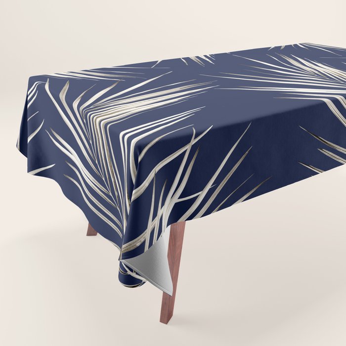 White Gold Palm Leaves on Navy Blue Tablecloth Gallery Image 1