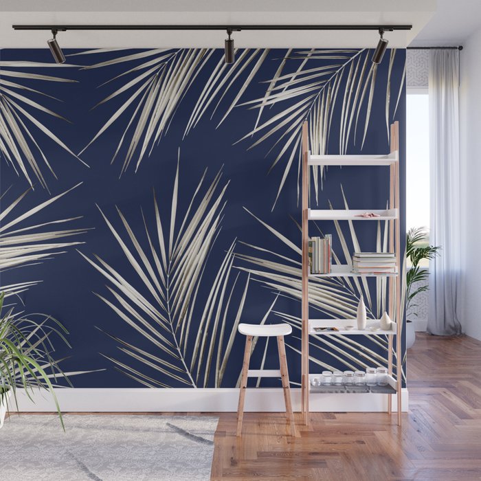 White Gold Palm Leaves on Navy Blue Wall Mural Gallery Image 1