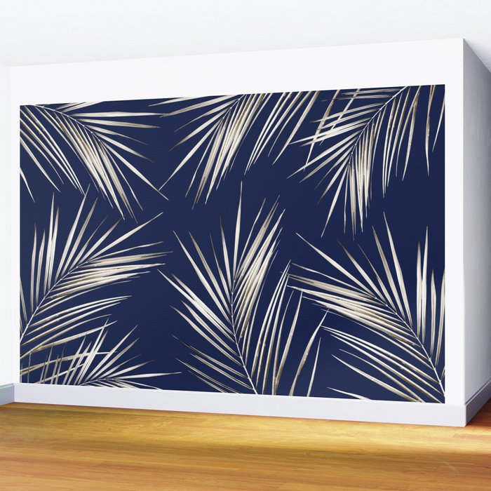 White Gold Palm Leaves on Navy Blue Wall Mural Gallery Image 2