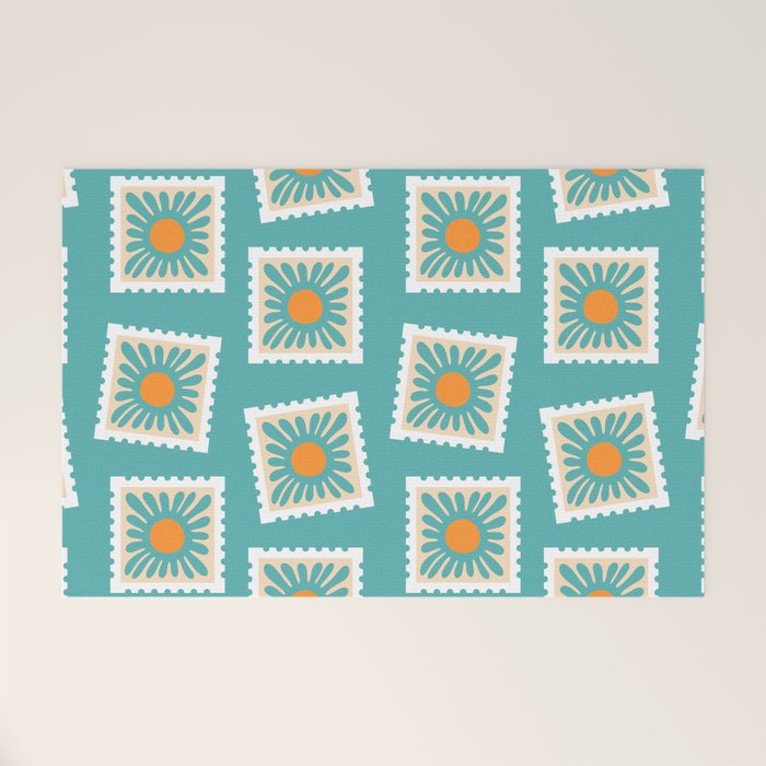 Vintage flower postage stamp pattern Welcome Mat Gallery Image 1