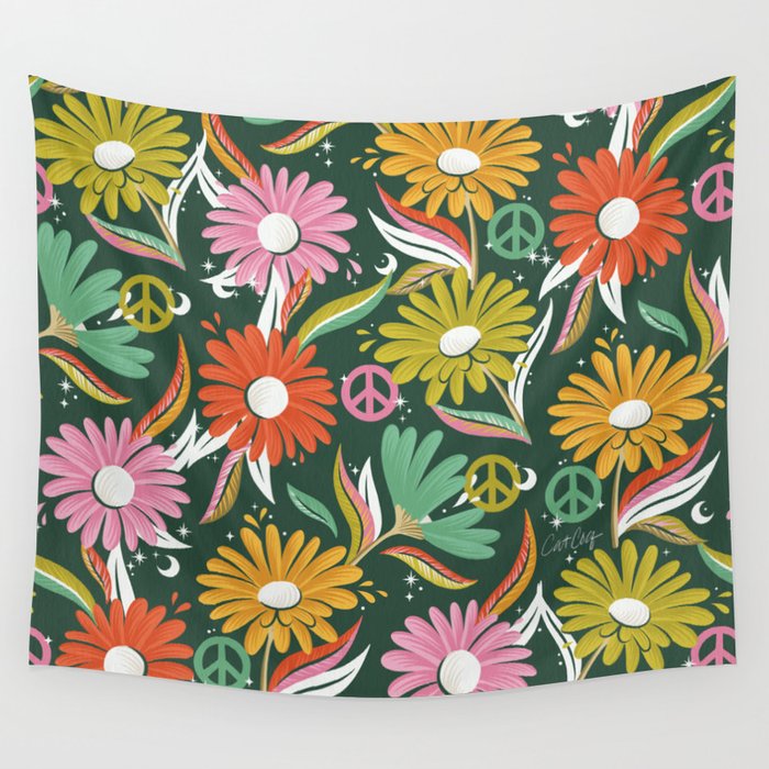 Drippy Daisy Dreamscape - Rainbow on Kelly Green Wall Tapestry Gallery Image 1