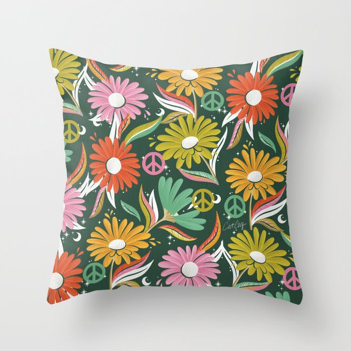Drippy Daisy Dreamscape - Rainbow on Kelly Green Throw Pillow Gallery Image 6