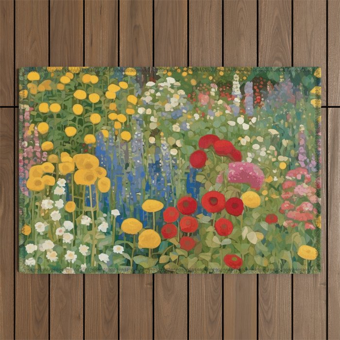 Gustav Klimt Style Colorful Flower Garden Outdoor Rug Gallery Image 1