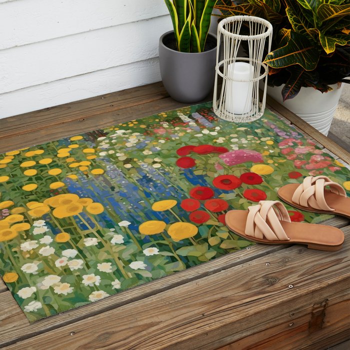 Gustav Klimt Style Colorful Flower Garden Outdoor Rug Gallery Image 2
