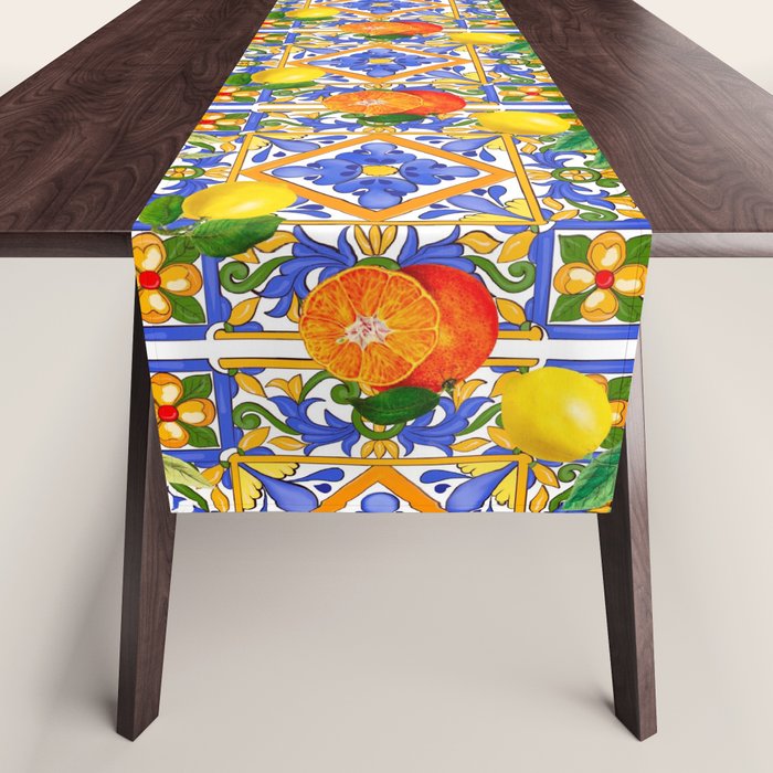 Summer ,Sicilian tiles ,citrus,oranges,majolica,lemons ,Mediterranean  Table Runner Gallery Image 1