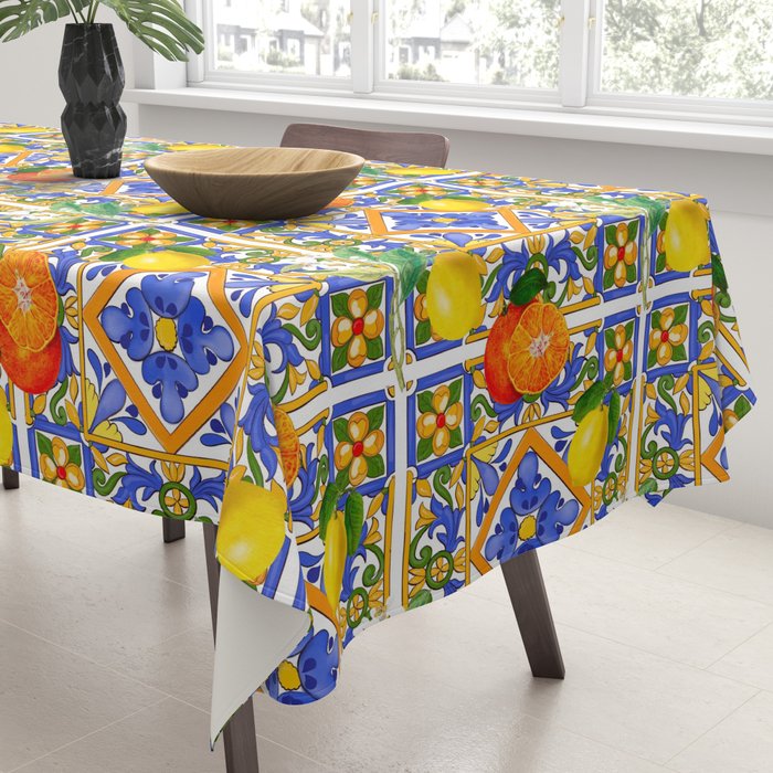 Summer ,Sicilian tiles ,citrus,oranges,majolica,lemons ,Mediterranean  Tablecloth Gallery Image 3