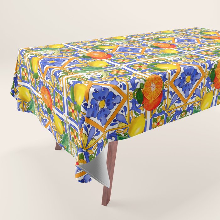 Summer ,Sicilian tiles ,citrus,oranges,majolica,lemons ,Mediterranean  Tablecloth Gallery Image 1