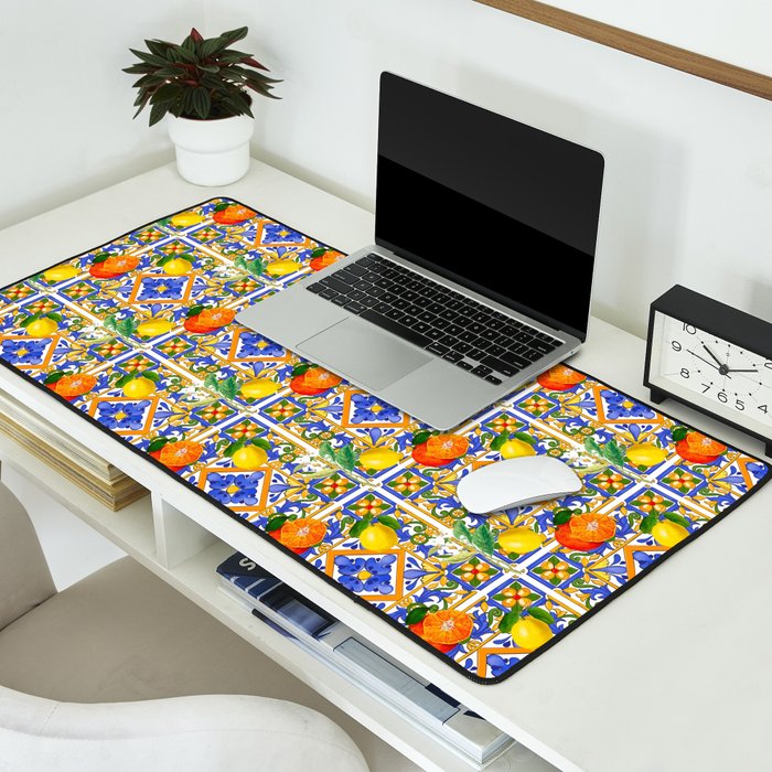Summer ,Sicilian tiles ,citrus,oranges,majolica,lemons ,Mediterranean  Desk Mat Gallery Image 2