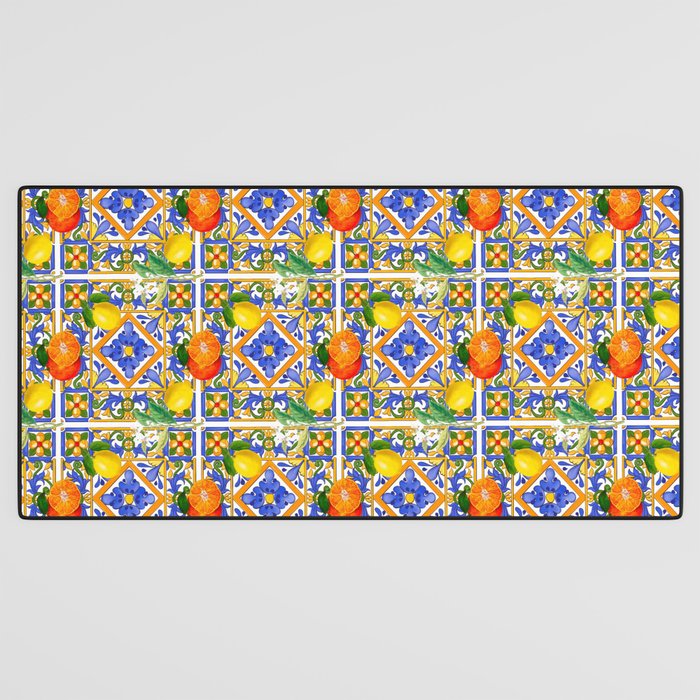 Summer ,Sicilian tiles ,citrus,oranges,majolica,lemons ,Mediterranean  Desk Mat Gallery Image 3