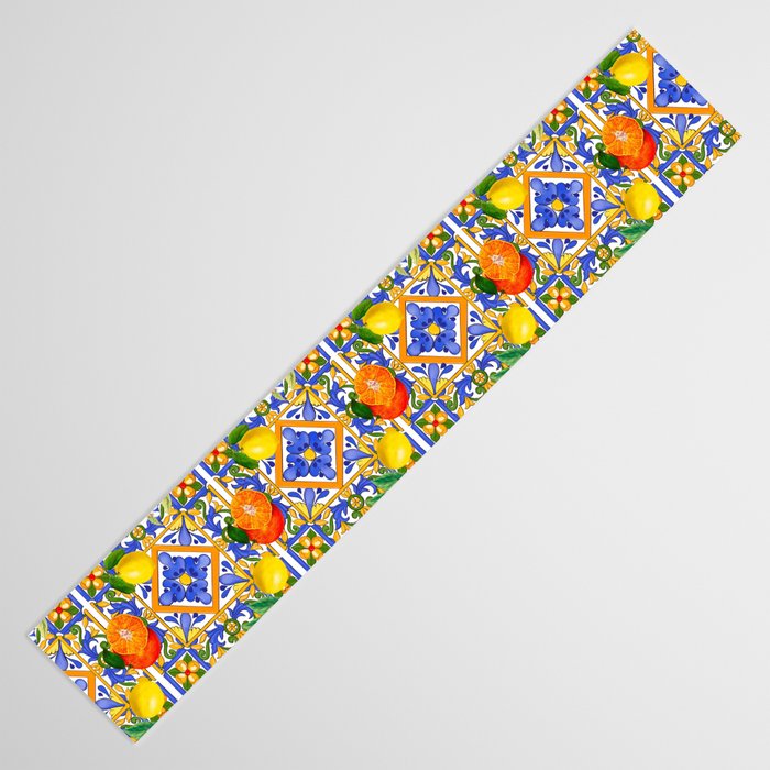 Summer ,Sicilian tiles ,citrus,oranges,majolica,lemons ,Mediterranean  Table Runner Gallery Image 3
