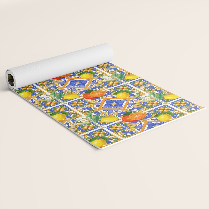 Summer ,Sicilian tiles ,citrus,oranges,majolica,lemons ,Mediterranean  Yoga Mat Gallery Image 2